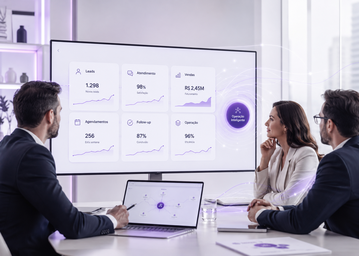 Equipe empresarial acompanhando indicadores de atendimento, vendas e operação.