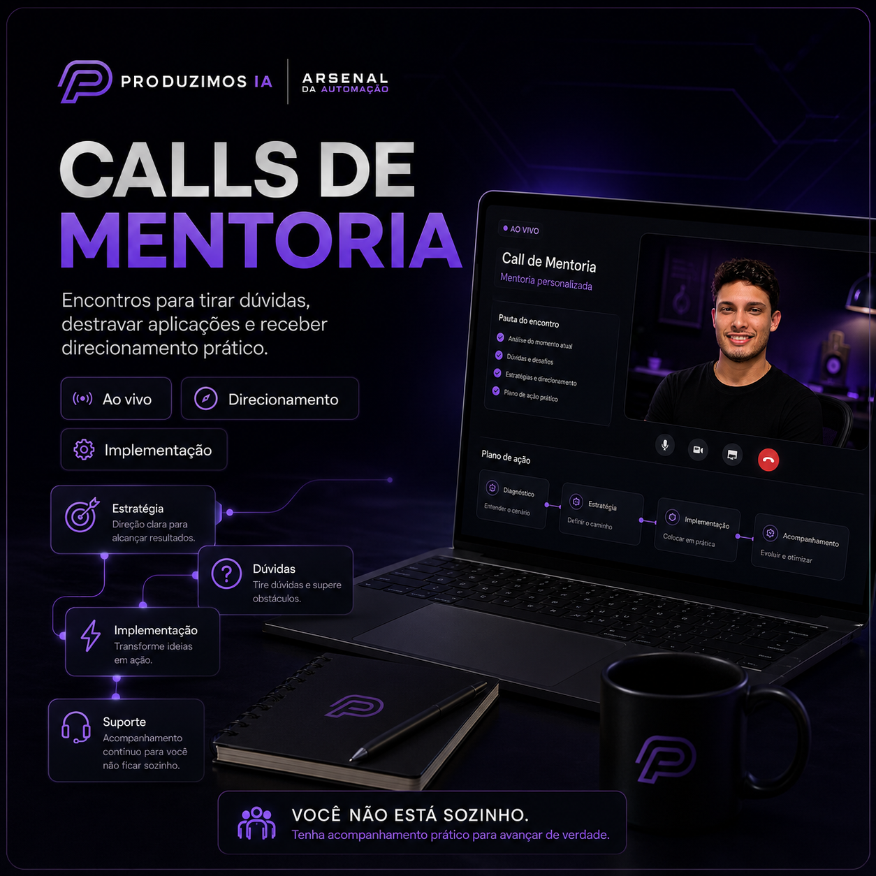 Calls de mentoria do Arsenal da Automação com direcionamento prático.