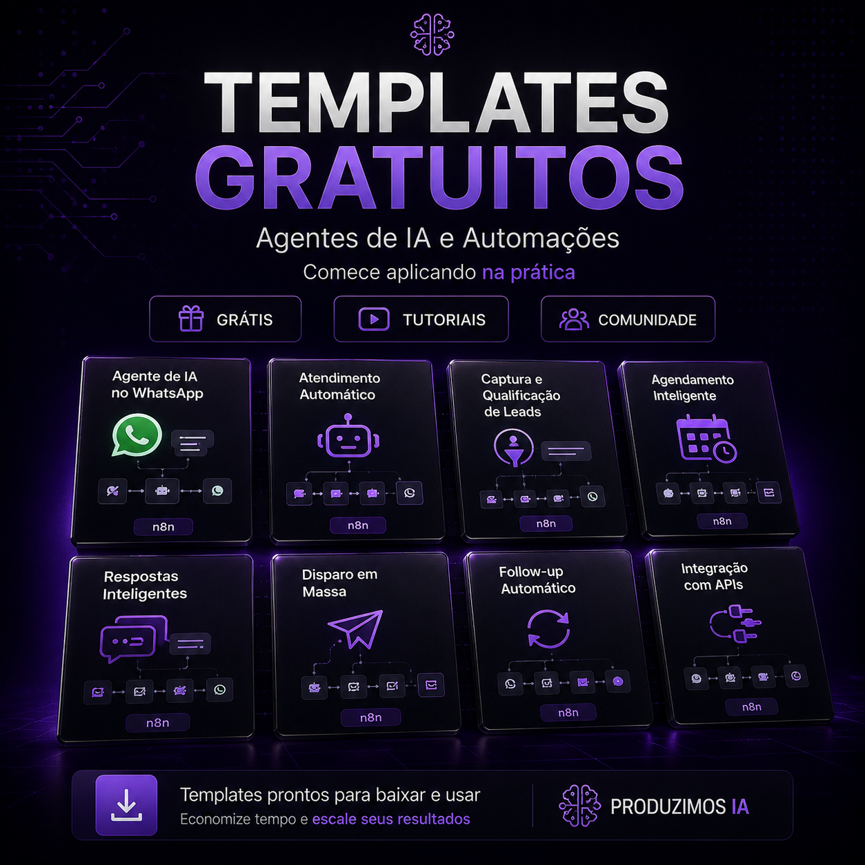 Templates gratuitos de agentes de IA e automações da Produzimos IA.