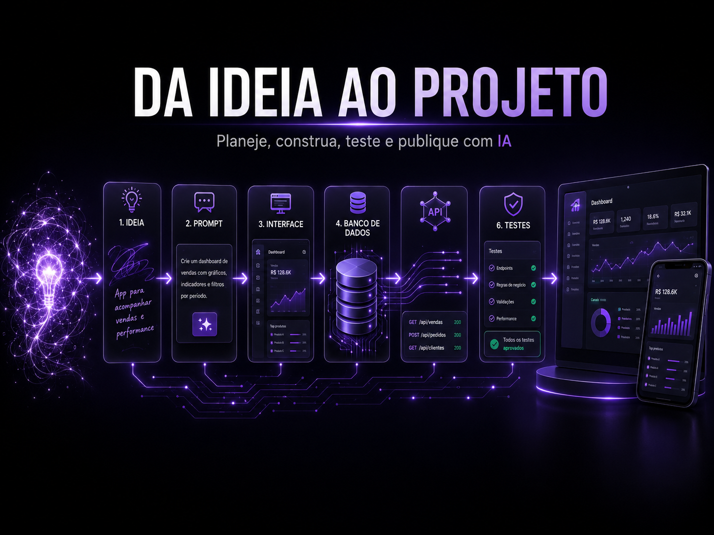 Estrutura de um projeto digital com interface, prompts, APIs, dados e publicação.
