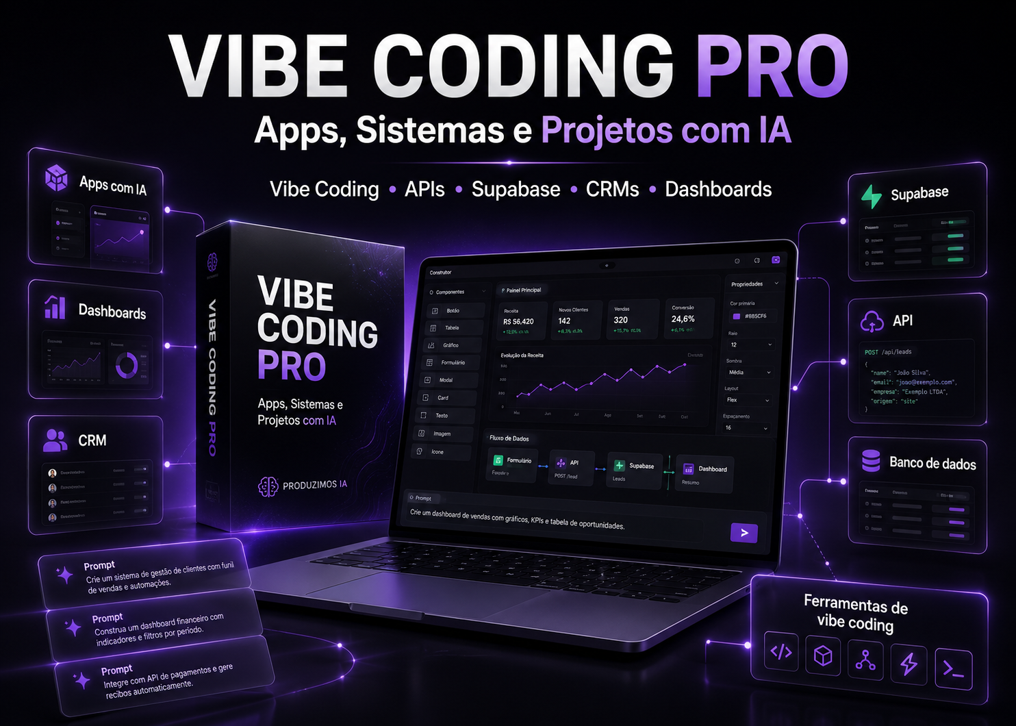 Vibe Coding Pro com apps, dashboards e sistemas construídos com inteligência artificial.